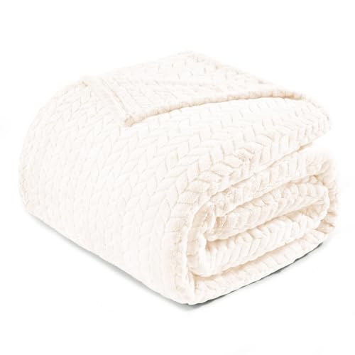 Exclusivo Mezcla Plaid Couverture Polaire en Flanelle, Douce et Tissu Jacquard Plaid Couvertures de Canapé Imprimées de Feuilles, 220x240CM, Ivoire