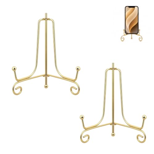 Image of Curated Cart Gold Metal Display Stand for Plates & Frames, 4 inch, Pack of 2 Foldable Tabletop Easel with Curved Design, Decorative Plate Stand for Decor, Photo Frame Stand for Table, Menu & Art Display