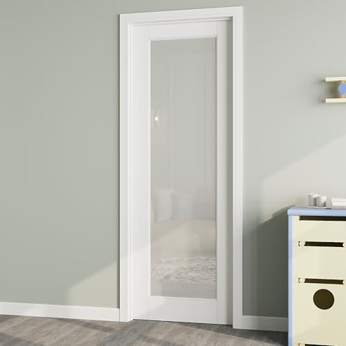 26" x 80" French Doors Slab, 1-Lite Frosted Glass Interior Door for Hallway, Bedroom Door with Window, White Finished & Paintable, MDF Door Panel w/o Borehole or Hinges