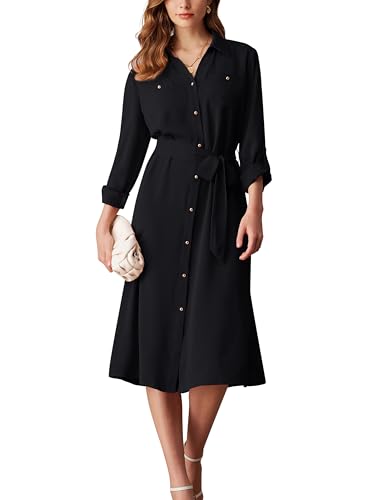 GRACE KARIN Women's Long Sleeve Button Down Shirt Dress Casual Loose Tie Waist Adjustable Sleeve Length Midi Dresses