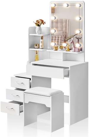 TUKAILAi Dressing Table with LED Lights Mirror and Stool, Corner Vanity Makeup Desk Set with 4 Drawers and 3 Storage Shelves, Bedroom White Dresser Table for Kids Girls Women