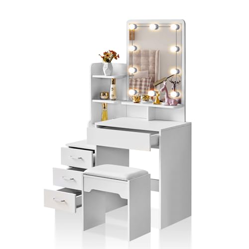 TUKAILAi Dressing Table with LED Lights Mirror and Stool, Corner Vanity Makeup Desk Set with 4 Drawers and 3 Storage Shelves, Bedroom White Dresser Table for Kids Girls Women