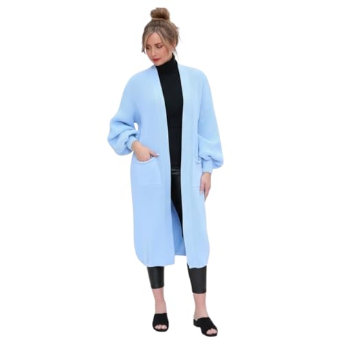 LUXFAB Women's Oversized Balloon Sleeve Long Chunky Ribbed Open Knitted Maxi Jumper, 2 Pocket Cardigan Boyfriend Sweater Top UK Sizes 8-22 (UK, Numeric, 20, 22, Plus, Regular, Sky Blue)