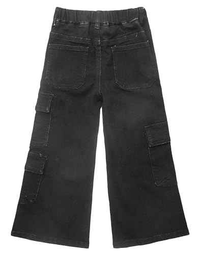 KIDSCOOL SPACE 7-Pocket Girls Wide-Leg Stretch Denim Pants, 5-14T Ribbed Elastic Waist with D-Ring Cargo Jeans2