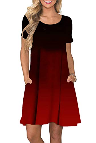 Yming Damen Casual Kurzarm Kleid Sommerkleid mit Taschen Minikleid Farbverlauf Kleid JB-Burgund 5XL/DE 50