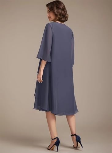 2 Pieces Mother of The Bride Dresses for Wedding Knee Length Tiered Beaded Chiffon Formal Evening Gowns with Jacket3