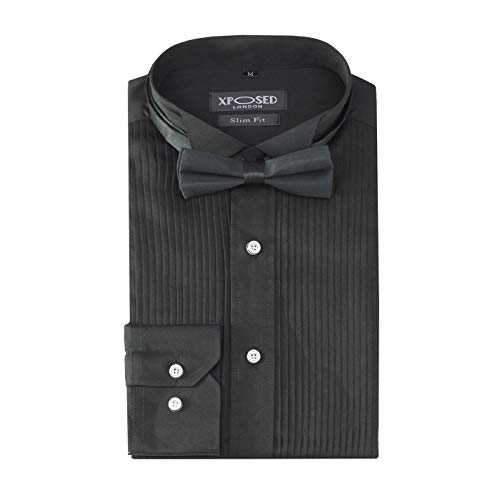 Xposed - Camicia da smoking da uomo, con papillon, vestibilità aderente, con collari anteriori e ali per matrimoni, balli di fine anno Nero XL