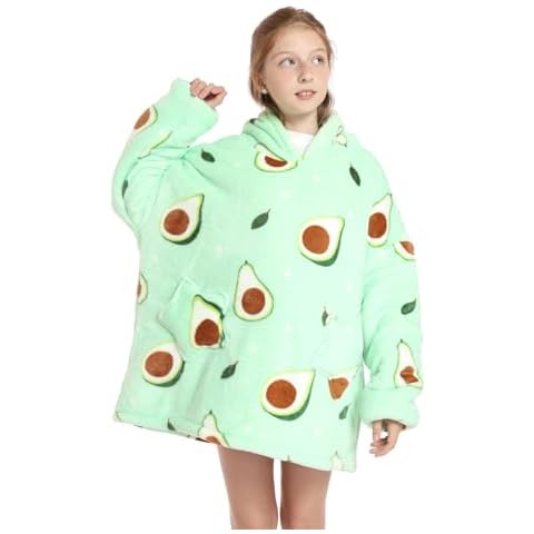 Deserthome Wearable Blanket Hoodie for Kids 4-12YR Oversized Hooded Blanket Super Soft Comfortable Warm Flannel Green Avocado Cover