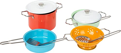 Small Foot Set di pentole con accessori in metallo, per la cucina da gioco, gioco di ruolo per bambini dai 3 anni in su, multicolore