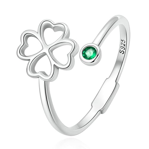 Anillo de plata esterlina de cuatro hojas de trébol apilable ajustable para mujeres y niñas anillo abierto bonito con flor de trébol irlandés regalo de San Patricio, Plata de ley, Zirconia cúbica