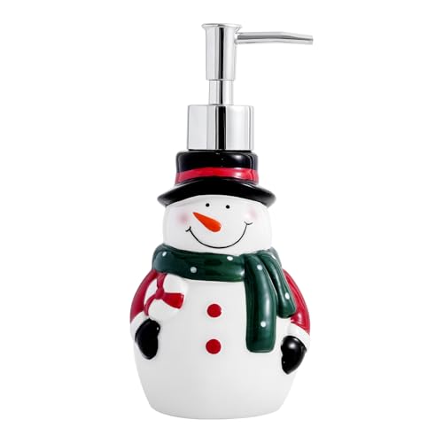 Christmas Snowman Ceramic Soap Dispenser - 10 oz Hand Lotion Bottle with Pump - Refillable Liquid Hand Soap Jar for Bathroom & Kitchen - Christmas Holiday Decor