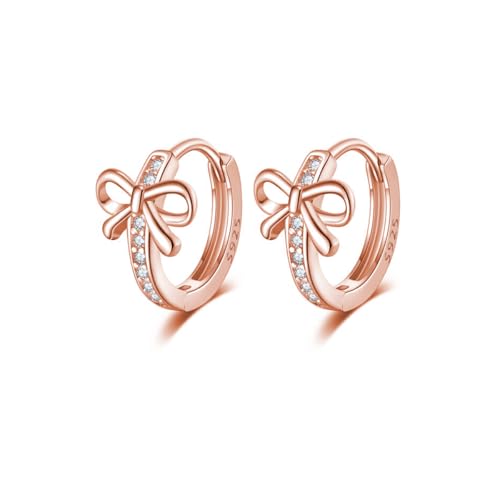Reffeer - Reffeer Solid 925 Sterling Silver Bow Hoop Earrings Huggie for Women Girls Bowknot Hoop Earrings CZ Huggie (C-Rose Gold)