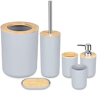 6Pcs Bathroom Accessory Set, Dveda Modern Bathroom Accessories Vanity Organiser Kit, Grey Bath Accessories Including Toothbrush Holder, Bathroom Bin, Soap Dispenser, Tooth Mug, Soap Dish, Toilet Brush