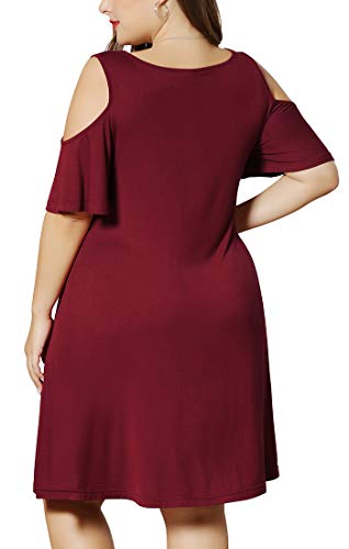 Longyuan Women Cold Shoulder Plus Size T-Shirt Dress With Pockets Burgundy,Xl #TOP2