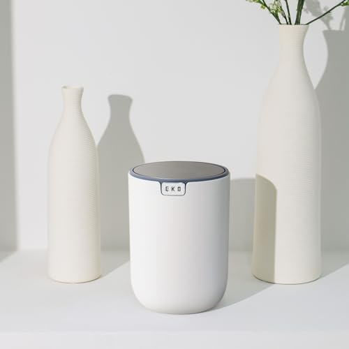 Image of EKO Mini Desk Trash Can with Swing-Top Lid 0.4 Gallon Small Table Round Wastebasket for Office, Home, Car (White)