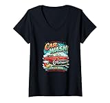 Damen Retro Autowaschanlage offen 24 Stunden Vintage Design T-Shirt mit V-Ausschnitt