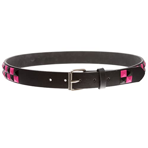 Kids Snap On Punk Rock Black & Hot Pink Star Studded Checkerboard Leather Belt3