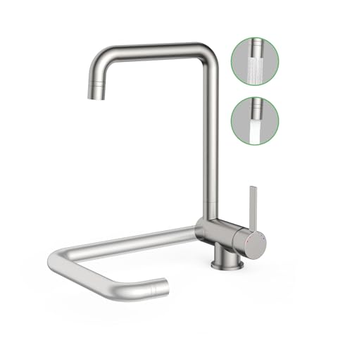 Wasserhahn Küche Klappbar 180°, Vorfenster Küchenarmaturen mit 2 Strahlarten, Wasserhahn umklappbar 360° schwenkbar Einhebelmischer Fensterarmatur (Gebürstet, Klappbar/Kein Niederdruckhahn)