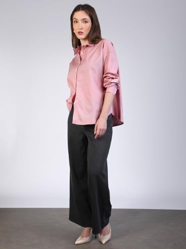 Image of Urbano Fashion Women's Cotton Full Sleeve Oversized Fit Casual Solid Slub Shirt with Spread Collar