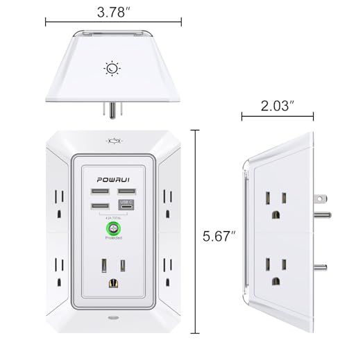 3-Sided Outlet Extender with Night Light - POWRUI Multi Plug Outlet with 5 Outlets and 4 USB Ports(1 USB-C), USB Wall Charger for Home, Office, Travel, ETL Listed, White