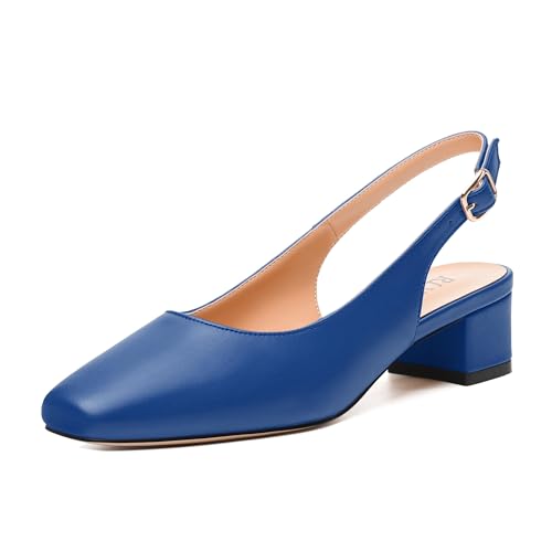 Womens Fashion Buckle Slingback Pumps, Square Closed Toe Chunky Heel Solid Matte Shoes for Women 1.3 inch