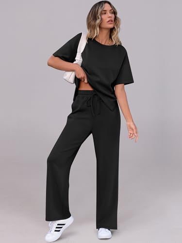 ANRABESS Women's Lounge Sets 2 Piece Outfits Summer Casual Short Sleeve Sweatsuits Matching Tracksuits Wide Leg Pant Set3
