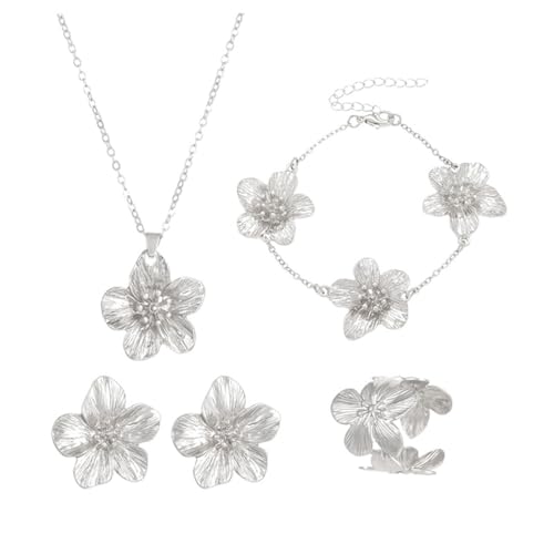 XFSRG 4 Piezas Conjunto de Joyas Florales con Flor Juego Flores Conjunto de Joyas Collar y Pendientes con Flor Pulsera y Anillo Estilo Vintage para Mujer (Plata)