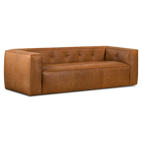 Image of Poly & BARK Capa 92 inch Sofa - Saddle Tan Full-Grain Pure-Aniline Italian Leather, Boxy Modern Design, Feather-Fiber Cushions, Solid Wood Frame