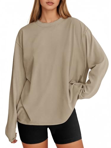 Tankaneo Womens Long Sleeve Oversized T Shirts Basic Crewneck Workout Tee Tops 2026 Fall Loose Fit Casual Y2K Clothes Khaki