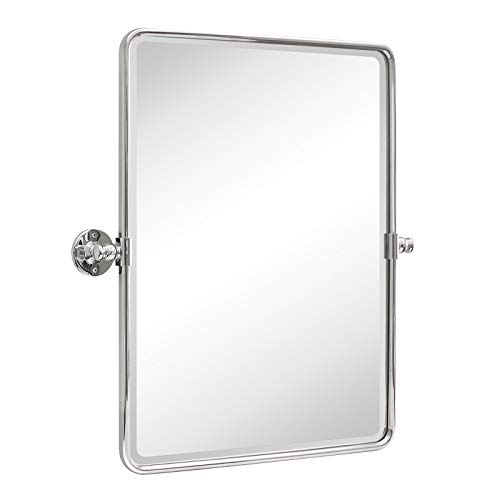 Image of TEHOME 20 x 24 inch Farmhouse Chrome Metal Framed Pivot Rectangle Bathroom Mirror Rounded Rectangluar Tilting Beveled Vanity Mirrors for Wall