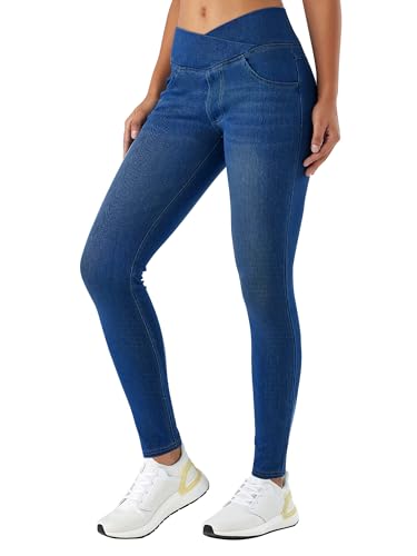 LaiEr Damen V Crossover Skinny Jeans Hohe Taille Bauchkontrolle Casual Fitness Leggings, Weich und elastisch Casual Faux Denim Print mit Seitentaschen(DarkBlueM)
