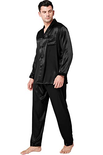 Lonxu Mens Silk Satin Pajamas Set M Dark Black #TOP1