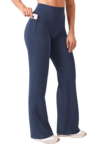 Image of YEOREO Ease Workout Leggings with Pockets for Women No Front Seam Straight Leggings High Waist Wide Leg Yoga Pants 29 inch / 31.5 inch