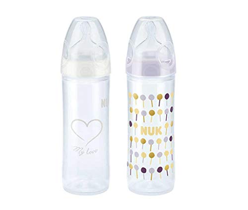 NUK New Classic Baby Bottle 250 ml, with NUK First ChoicePlus Silicone Teat, Age 6-18m Blue/White (Pack of 2)