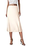 PRETTYGARDEN Womens Midi Skirts 2024 Summer Dressy Casual High Waisted Ruffle A Line Silk Satin Skirts (Beige,Large)