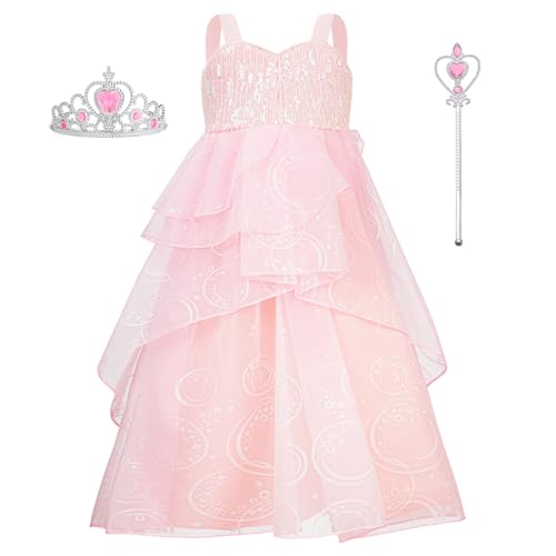 BSBUY Fantasia de Glinda para menina, vestidos de princesa, vestido comprido de princesa com camadas e tule, disfarce menina para festa temática aniversário Halloween rosa, Rosa com coroa e cómetro