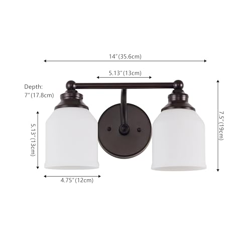 Image of JONATHAN Y 14 inch Oil Rubbed Bronze /White Modern Farmhouse LED Vanity Light Wall Sconce Fixture, Frosted White Glass Shade, Dimmable Wall Lamp for Bathroom Mirror Kitchen Sink, UL Listed (JYL7550C)