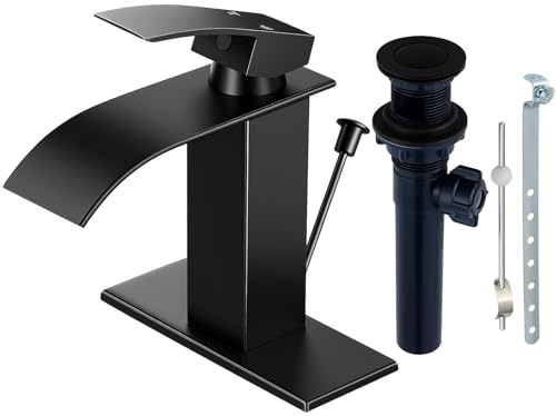 RNDIOZD Matte Black Bathroom Faucet with Waterfall Spout and Lift Rod Drain