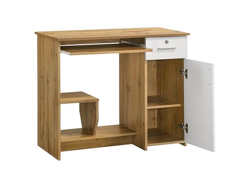 Image of DeckUp Nobu Home Engineered Wood Study Table and Office Desk (Wotan Oak & White, Matte Finish)