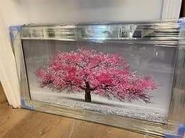 Biznest BLOSSOM TREE PICTURE PINK 3D GLITTER LIQUID ART MIRRORED FRAME WALL ART 85x45CM