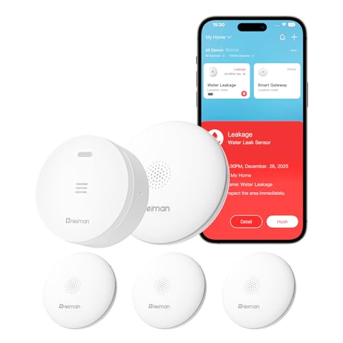 Heiman Détecteur de Fuite d'eau Intelligent avec Passerelle (Hub), Alerte App, Batterie 10 Ans, IP67 Étanche, Capteur WiFi pour Cave & Cuisine, Kit de Surveillance (2,4GHz Uniquement), HS2WL-R