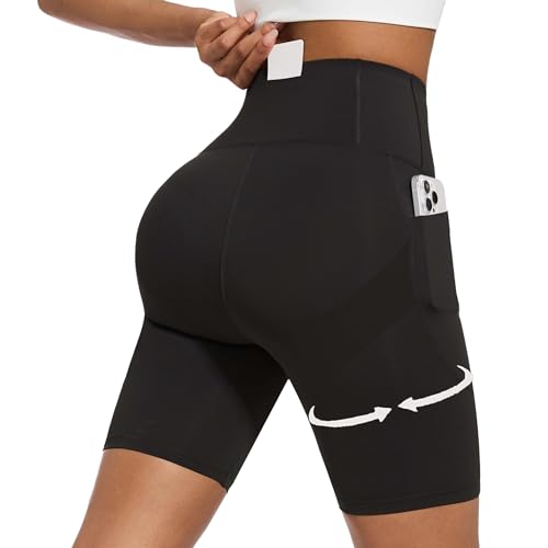 Women's Short Side Pockets High Waist Workout Running Shorts Tummy Control Butt Lifting Athletic Gym Shorts