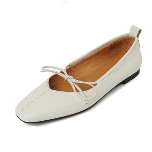 Women's Leather Mary Jane Flats Bow Tie Ballet Flats Comfortable Closed Square Toe Slip On Ballerina Shoes