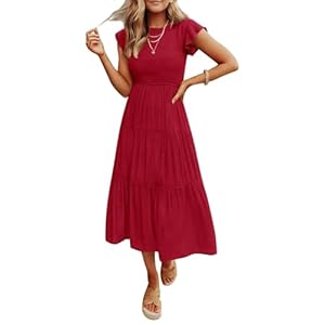 Women’s Summer Casual Midi Dress Boho Flutter Sleeve Crew Neck Smocked Flowy Tiered A-Line Long Beach Dress