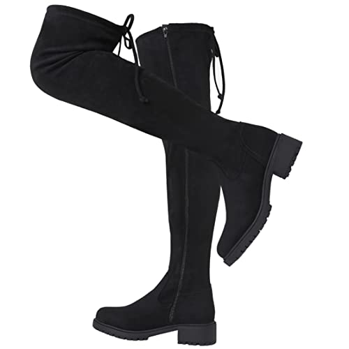 Black Thigh High Boots,2022 Winter Women's Suede Over The Knee Boots Mid Calf Round Toe Side Zipper Flat Booties Fall Thigh High Boots No Heel Wide Calf Elastic Western Cowgirl Cowboy Boot Black,05 #TOP4
