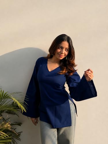 Image of ANNI Designer Short Kurti for Women Solid Design | V Neck Full Sleeve Kurti Tops for Women | Stylish Kurtis & Short Kurtis for Woman | Casual Kurti with Jeans | Kurtas for Woman