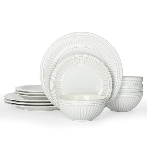Image of Famiware Garden 12-Piece Embossed Plates and Bowls Sets, Stoneware Reactive Glaze Dishes Dinnerware Set, Modern Rustic, Chip & Scratch Resistant, Microwave & Dishwasher Safe, Service for 4, White