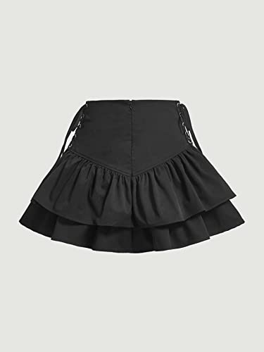 Women's Lace Up Tiered Layer A Line Skirts High Waisted Zipper Ruffle Hem Mini Skirts2