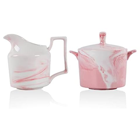 Pink Marbled Sugar and Creamer Set, CHILDIKE Porcelain Cream Pitcher, Sugar Bowl, Coffee Serving Set 8 Ounce Cover
