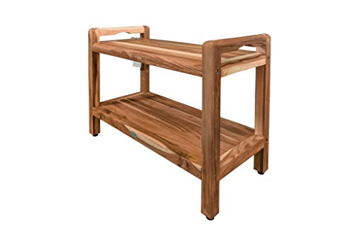 Ecodecors Teak Shower Bench 29" Wood Shower Seat Stool With Storage Shelf And Liftaide Arms, Eleganto Shower Bench For Indoors And Outdoors #TOP2